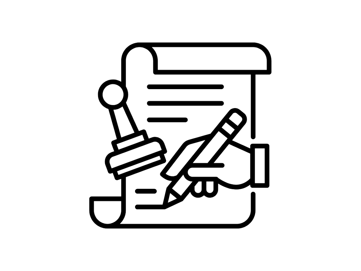 A hand signing a scroll beside an inked notary stamp